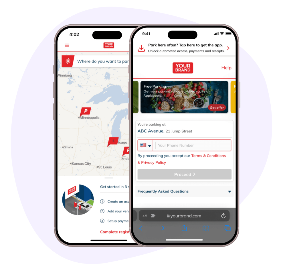 Two mockups of Get My Parking's white-labeled app and web portal solutions.