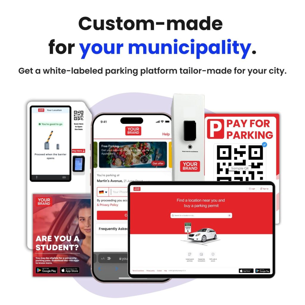 Custom-made for your municipality. Get a white-labeled parking platform tailor-made for your city. The image shows all the white-labeled offerings from GMP.