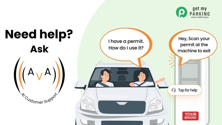 An illustration of AVA, AI customer support for parking, assisting the parker with guidance on how to use a permit.