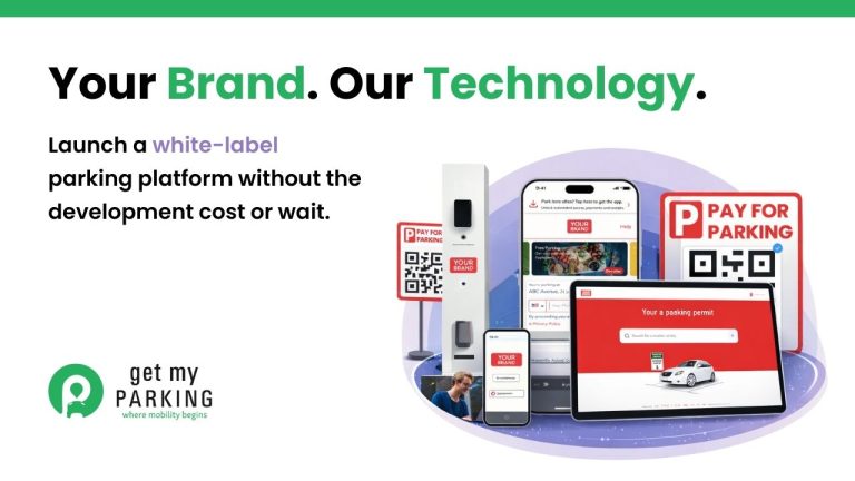 White-label parking platform showing branded interface across multiple devices and touchpoints with personalized design elements.
