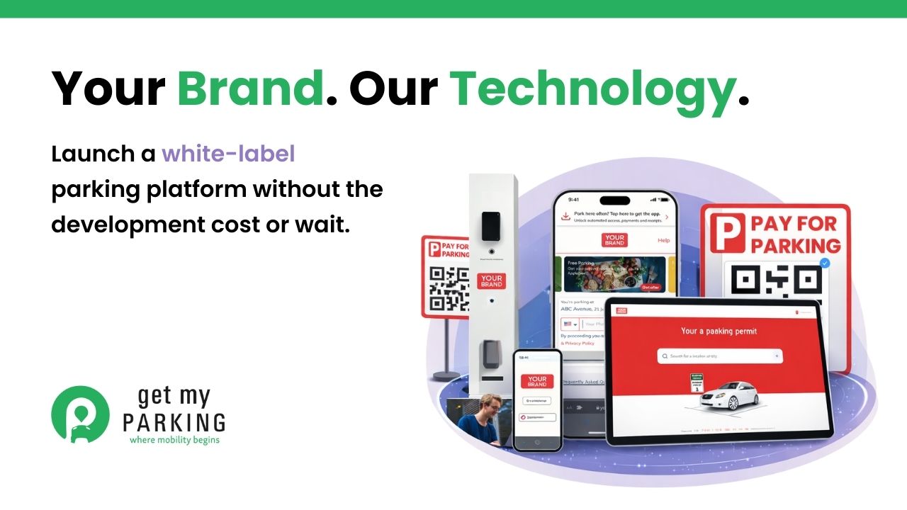 White-label parking platform showing branded interface across multiple devices and touchpoints with personalized design elements.
